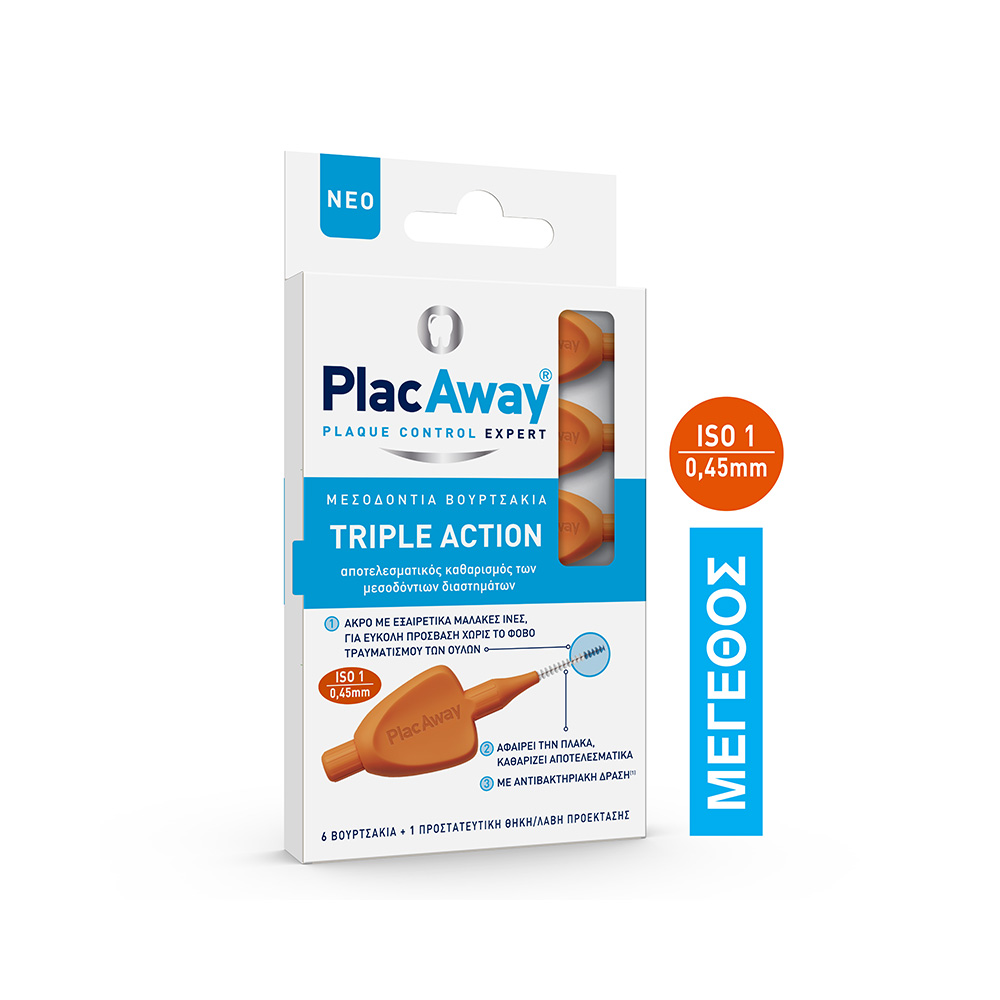 PLAC AWAY - TRIPLE ACTION Μεσοδόντια Βουρτσάκια ISO 1 (0.45mm-πορτοκαλί) - 6τεμ.